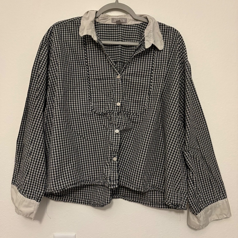 J.Crew Gingham Plaid Contrast Collar Boxy Cotton Shirt Black White 2X zz
